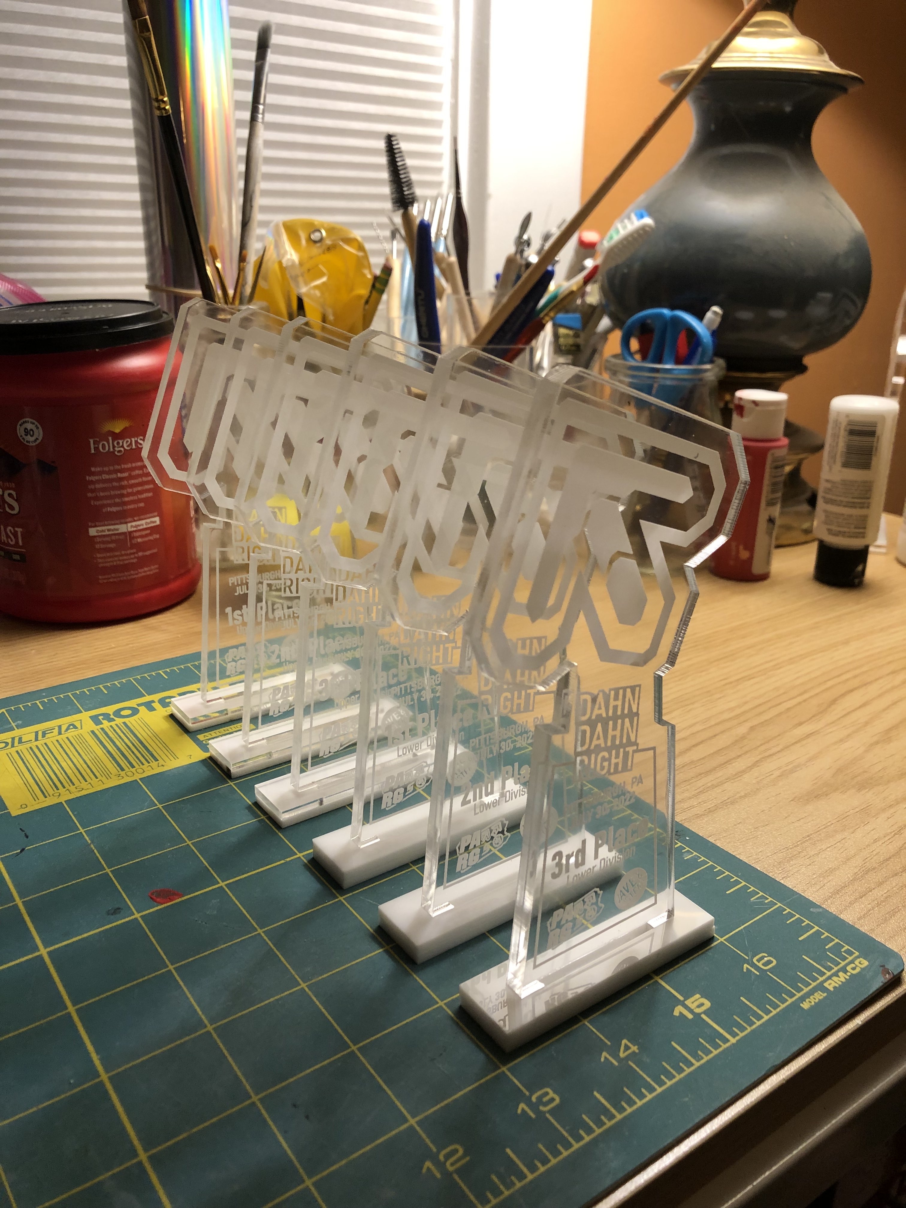A picture of the Dahn Dahn right trophies from 2022 - laser cut